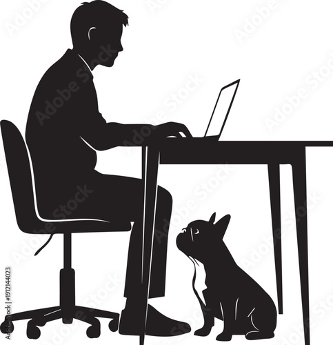Man working on laptop with dog silhouette symbolizing companionship and remote work