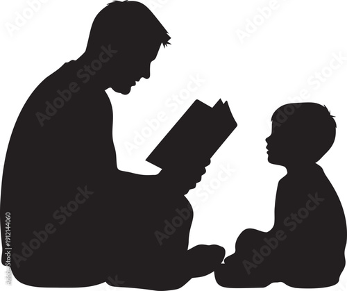 Father reading book to son silhouette profile of parent educating child while sitting on floor sharing story time and learning