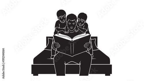 Family bonding moment captured as children read together on sofa illustration