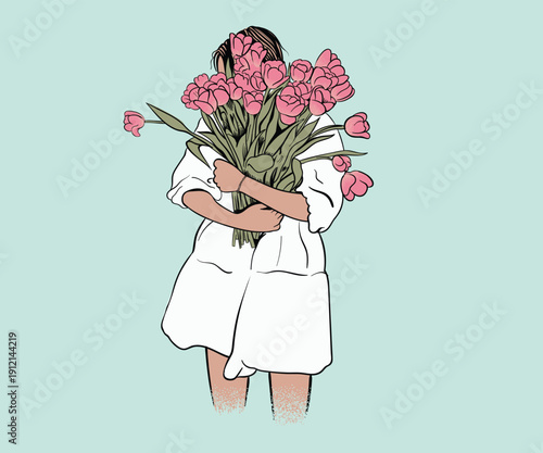 Girl hiding face with flower hand drawn vector art, Spring flower boom illustration, Summer flower market graphic print design, Woman holding flowers artwork for t shirt, poster, screen print