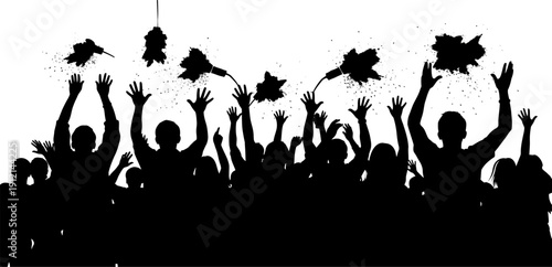 silhouette of a crowd of people throwing paint into the air on white background