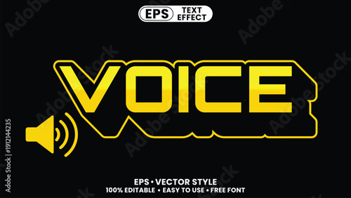 Bold yellow voice text effect with speaker icon on black background, eps vector graphic for audio branding and design.
