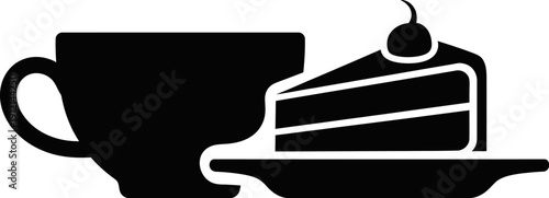 Black silhouette of a cup and a slice of cake on a plate