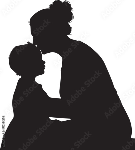 Mother kissing toddler on forehead silhouette vector illustration depicting maternal love and family affection for card design