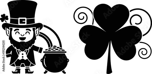 St Patricks Day clipart with leprechaun pot of gold and shamrock on transparent background