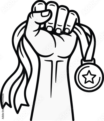 Victory achievement vector illustration, raised clenched fist holding medal with star symbol, flowing ribbon, and motivational success artwork