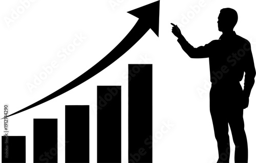 Silhouette of a man pointing at a rising graph with an upward arrow indicating growth and success