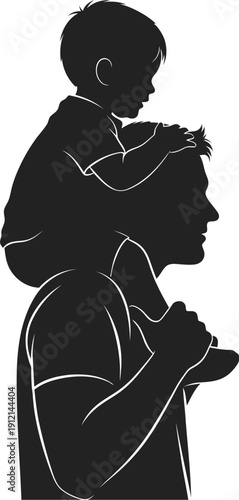 man carrying a child on his shoulders in a black silhouette