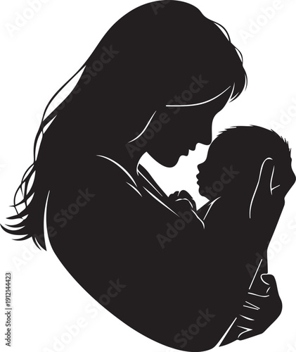 Mother holding baby silhouette, tender moment, new life, maternal bond, love and care, black isolated vector
