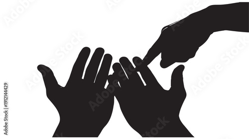 Silhouette of three hands reaching out and interacting closely in a gesture of unity and support from different viewpoints
