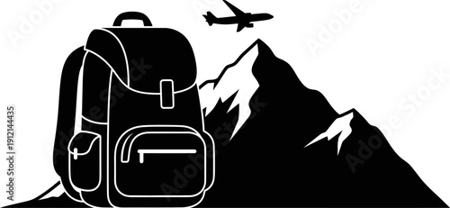black silhouette of backpack on mountain with airplane flying overhead in white background