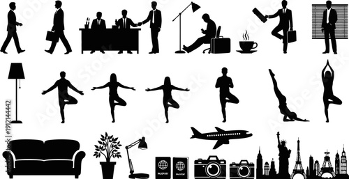 Collection of various black silhouette icons on white background for business travel and lifestyle concepts