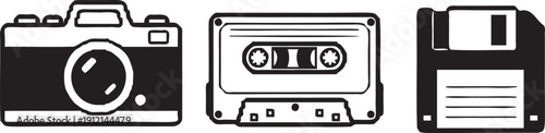Retro electronic devices set featuring analog film camera music cassette tape and magnetic floppy disk for vintage data storage