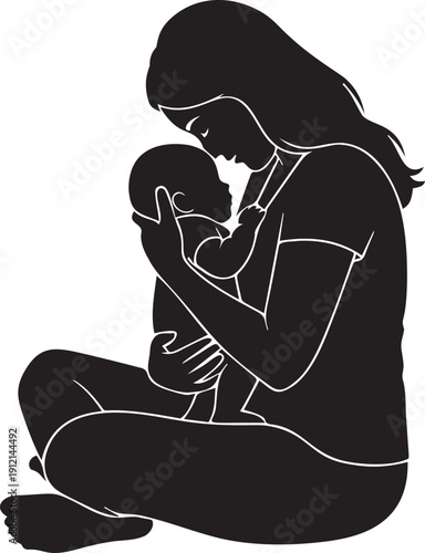 Mother holding baby tenderly, silhouette depicting maternal love and infant bonding in a warm, intimate embrace