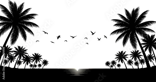 black silhouette of palm trees and birds over water  tropical landscape