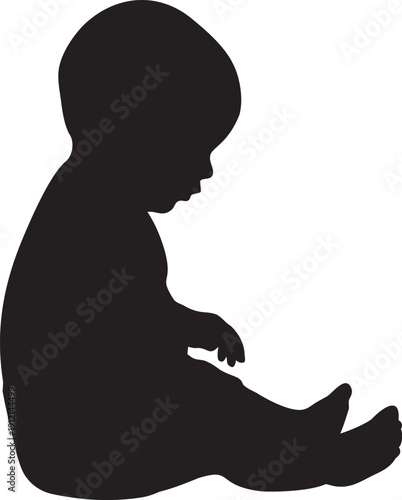 Silhouette of sitting infant baby in profile view with detailed body contours for parenting and early childhood growth concept