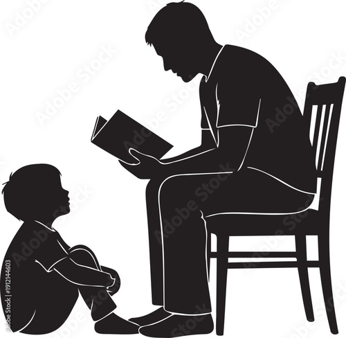 Father and son reading book together, silhouette vector illustration of parent teaching child, family bonding activity