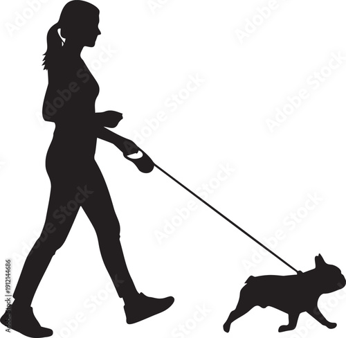 Woman walking French bulldog on leash in park, active lifestyle, enjoying outdoors with pet, silhouette style.