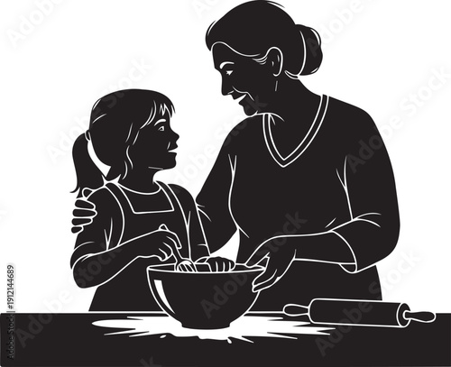 Grandmother and granddaughter baking together in kitchen, mixing ingredients in bowl, joyful family bonding activity.