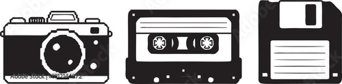 Camera cassette floppy disk vector illustration set isolated on transparent background black icon graphic design