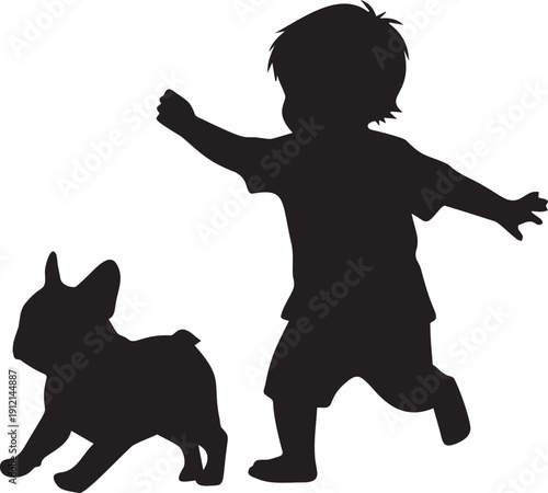 Child and dog silhouette playing together vector illustration isolated on transparent background pet companion