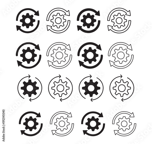 workflow and Sync process icon set. Productivity, setting, synchronization, gear wheel with arrow symbol on white background - stock vector.