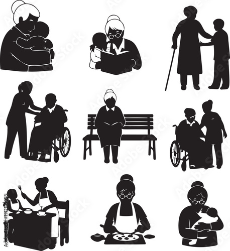 Collection of elderly people and family moments, embracing, reading, walking, assisting, celebrating life