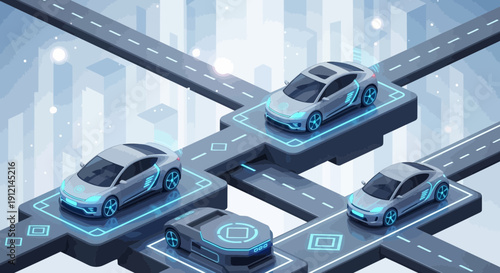Autonomous vehicles navigating modern cityscape illustration with futuristic design