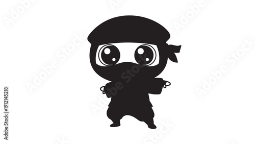 Small black ninja cartoon character with large eyes in a playful chibi style.