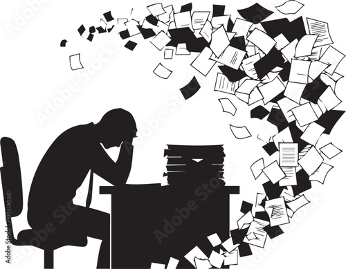 Overwhelmed businessman vector silhouette illustration suffering stress at office desk line art papers