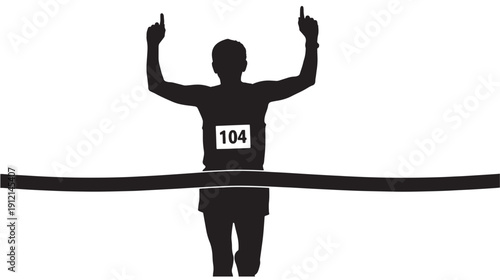 Triumphant runner crossing the finish line with arms raised in victory, silhouette against a clear background, viewed from behind, capturing the essence of achievement and sportsmanship
