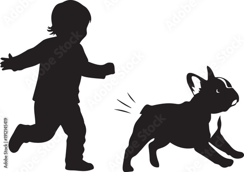 Silhouette child running towards french bulldog dog, playful interaction, outdoor park scene, pure joy and fun captured