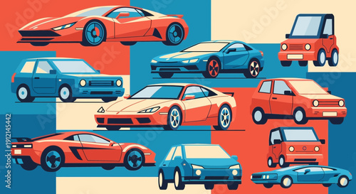 Collection of colorful sports cars and sedans on geometric background