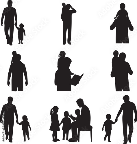 Collection of family silhouettes showing parents and children bonding, walking, playing, and reading together, heartwarming scenes