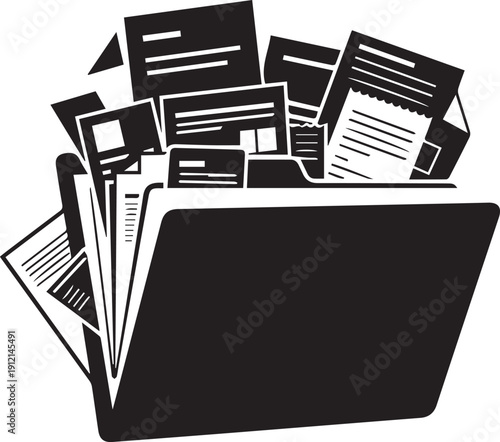 Office folder with many documents silhouette vector illustration full of records line art
