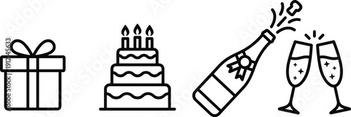 Celebration icon vector illustration set, black and white festive designs with gift box, birthday cake, champagne bottle, and clinking glasses