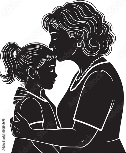 Mother kissing daughter's forehead, loving embrace between two women, expressing family bond and affection