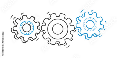 Three interlocking gears with blue and white color scheme representing synergy and teamwork. Vector