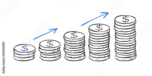 Stacked coins with upward arrows signifying growth and financial increase Vector