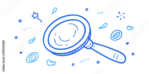 Magnifying glass surrounded by various icons and symbols in a blue hue Vector