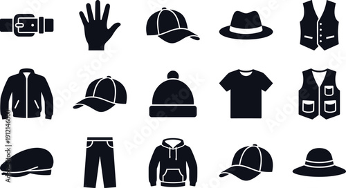 Black clothing and fashion accessories icon set including hats, jacket, hoodie, t-shirt, pants and belt vector illustration collection
