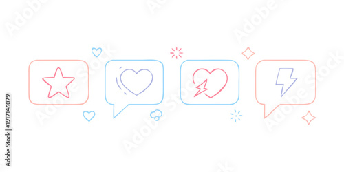 A series of speech bubbles with different symbols representing various emotions and actions. Vector