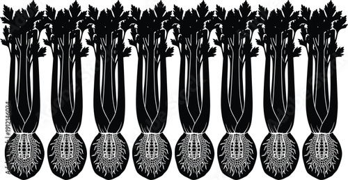 Celery plant silhouette collection with roots and leaves, organic vegetable illustration set isolated on white background for healthy food design