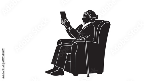 Man sitting comfortably in an armchair holding a smartphone and using a cane beside him on a white background from a side viewpoint