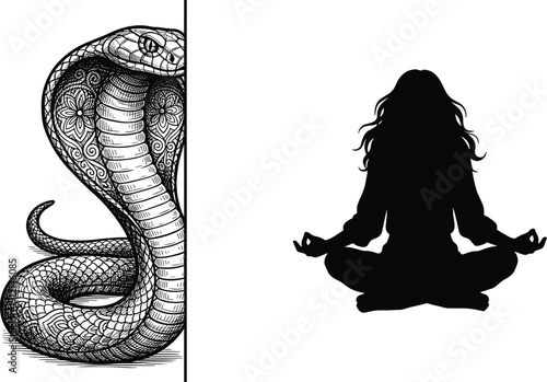 Cobra snake and meditating woman silhouette, spiritual balance and wildlife concept vector illustration isolated on white background with detailed engraving style