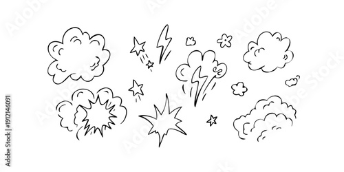 Photos A variety of cartoon-style clouds and explosions in black and white Vector
