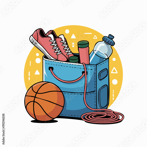 Fitness bag with sneakers, jump rope, basketball, and water bottle, representing sports and fitness activities in a vibrant, colorful illustration from a straightforward viewpoint.