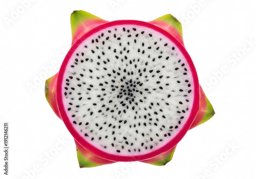 Fresh pink dragon fruit cut in half showing seeds