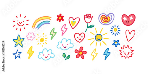 A vibrant collection of colorful stickers featuring hearts, stars, and rainbows Vector