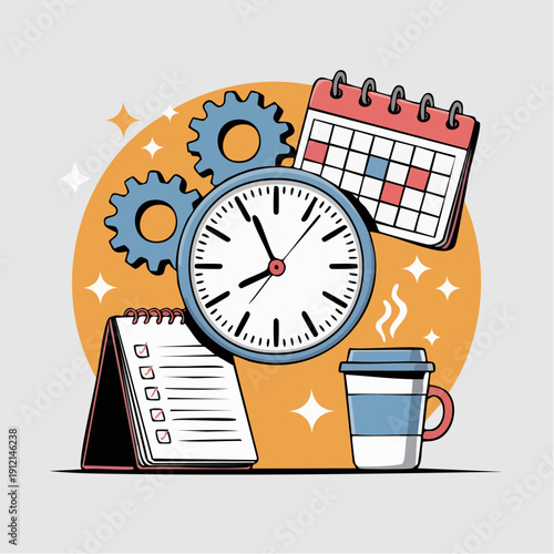 A still life composition of a clock, calendar, coffee, and papers on a table viewed from directly above with office supplies